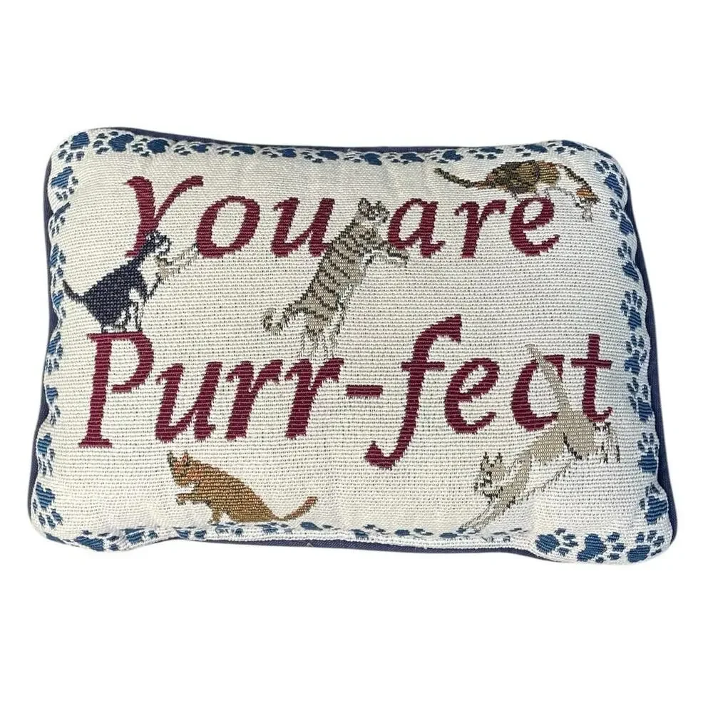 Vintage “You Are Purr-Fect” Tapestry Needlepoint Cat Decorative Throw Pillow